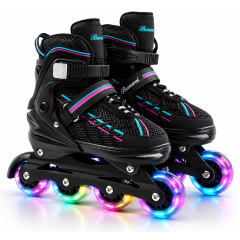 Дитячі ролики Banwei 65-L Inline Skates 39–42 (24–26 см) Чорні з фіолетово-бірюзовими вставками, LED колеса