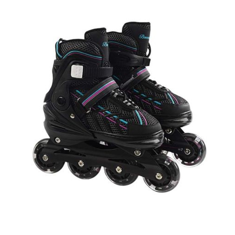 Дитячі розсувні ролики Banwei 65-L Inline Skates 39–42 (24–26 см) Чорні з фіолетово-бірюзовими вставками, LED колеса