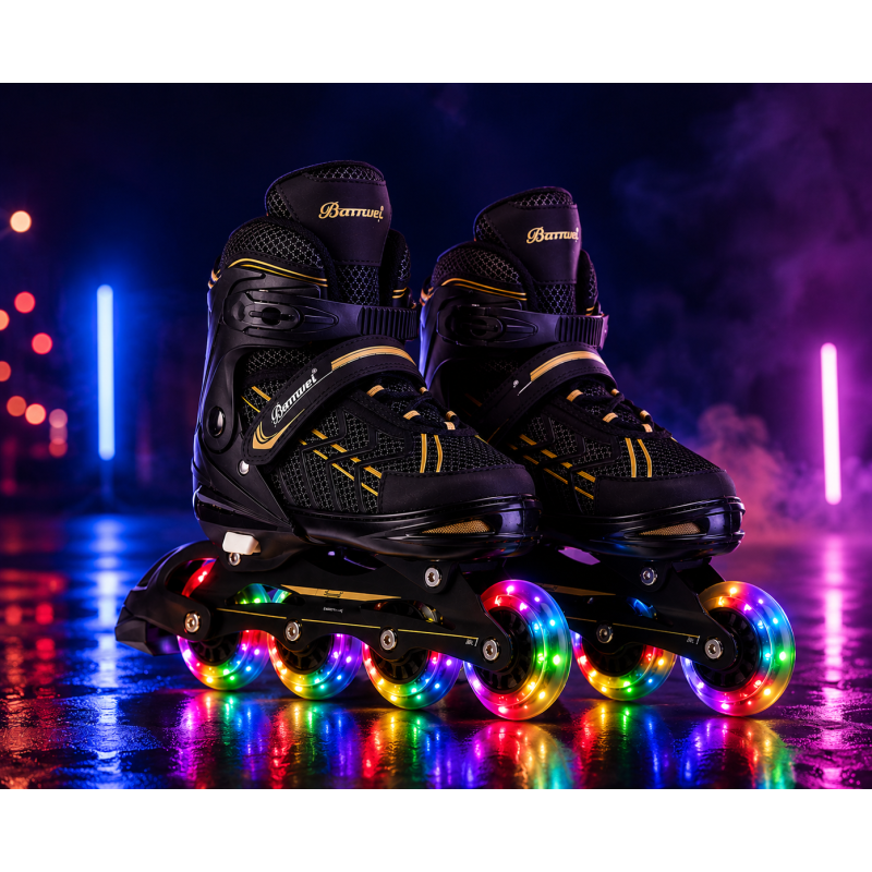 Дитячі розсувні ролики Banwei 65-L Inline Skates 39–42 (24–26 см) Чорні із золотистими вставками, LED колеса