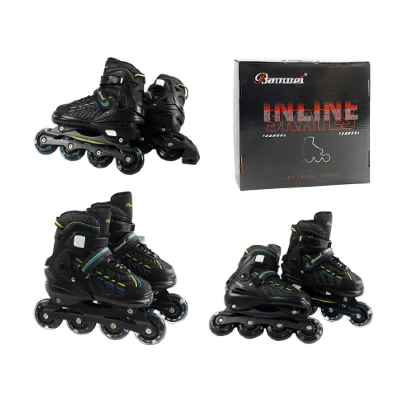 Дитячі розсувні ролики Banwei Inline Skates 35–38 (22–24 см) Чорні із синьо-жовтими вставками, LED колеса